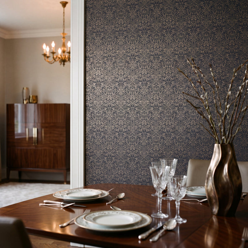 Damask Black / Gold Metallic FX 2 Wallpaper by Galerie — roomshot 1