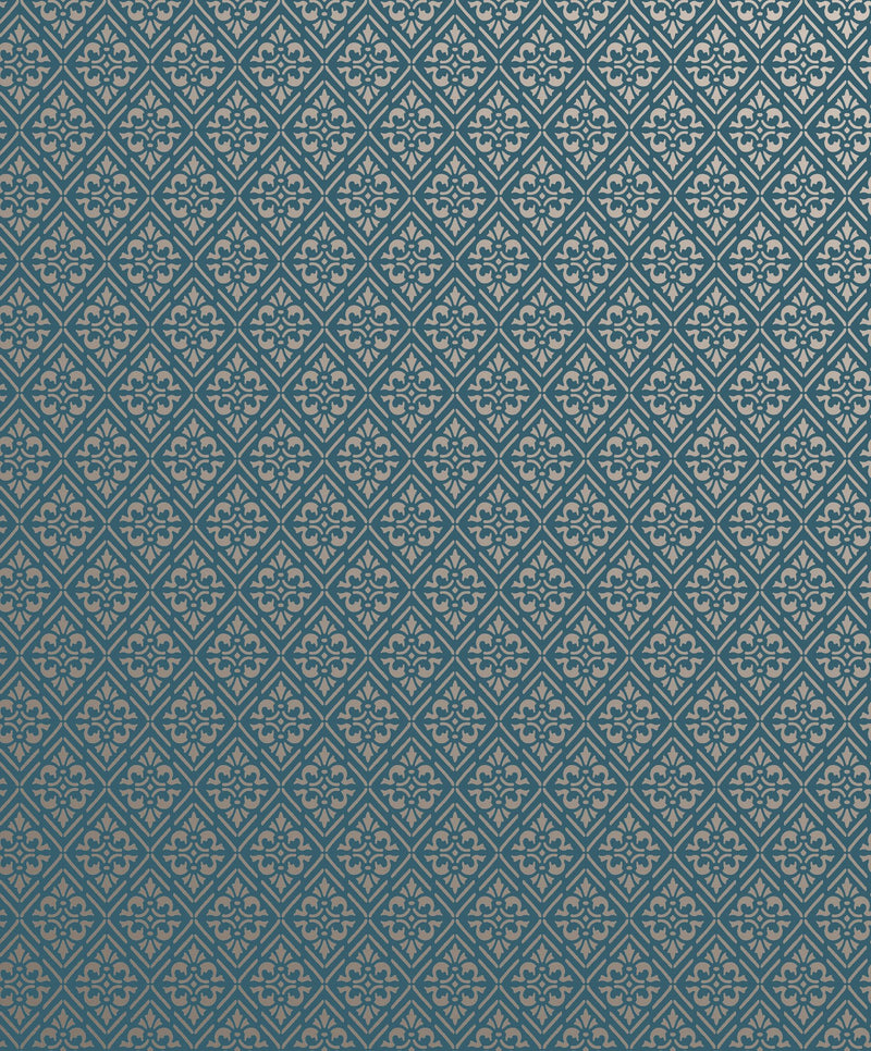 Diamond Damask Blue / Silver Grey Metallic FX 2 Wallpaper by Galerie — flat