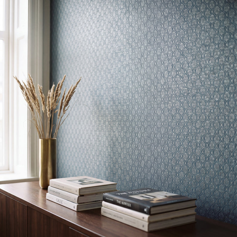 Diamond Damask Blue / Silver Grey Metallic FX 2 Wallpaper by Galerie — roomshot 1