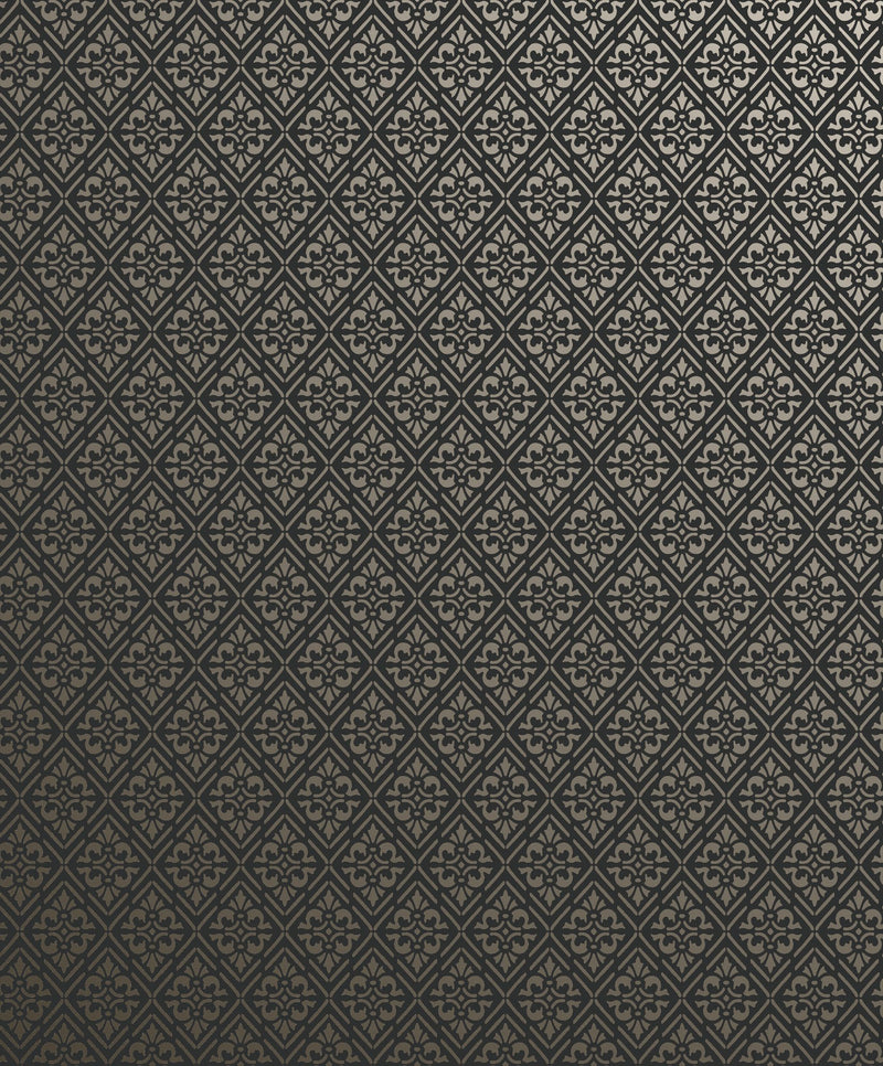 Diamond Damask Black / Gold Metallic FX 2 Wallpaper by Galerie — flat
