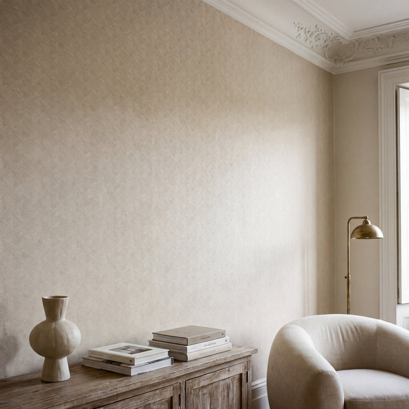 Stripe Geometric Beige / White Metallic FX 2 Wallpaper by Galerie — roomshot 1