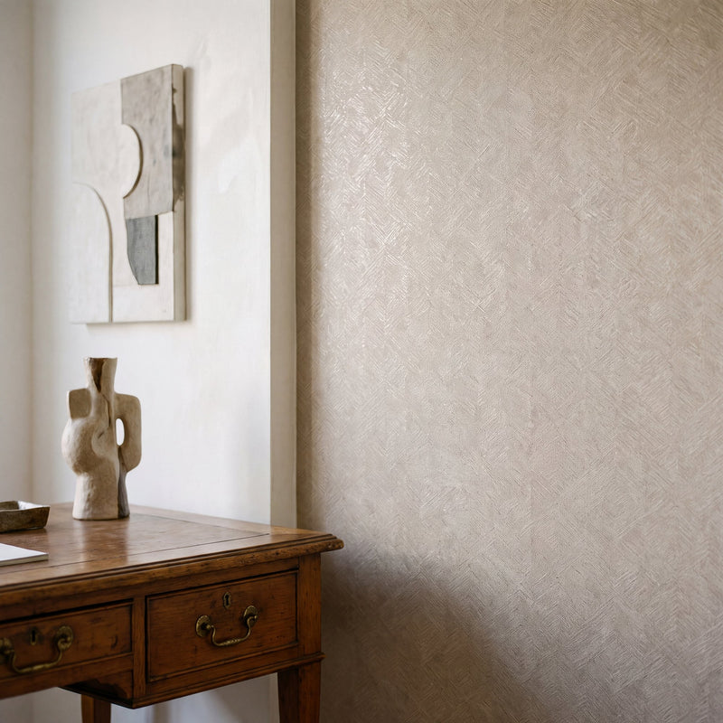 Stripe Geometric Beige / Silver Grey Metallic FX 2 Wallpaper by Galerie — roomshot 1