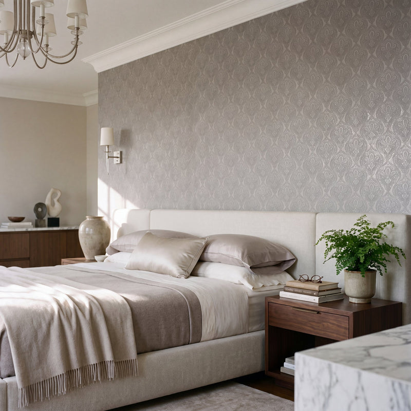 Damask Beige / Gold Metallic FX 2 Wallpaper by Galerie — roomshot 1