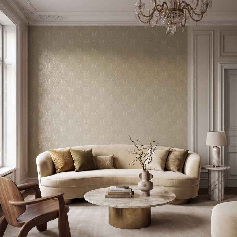 Damask Beige Metallic FX 2 Wallpaper by Galerie — roomshot 1