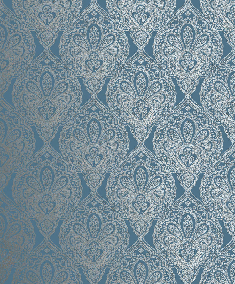 Damask Steel Blue Metallic FX 2 Wallpaper by Galerie — flat