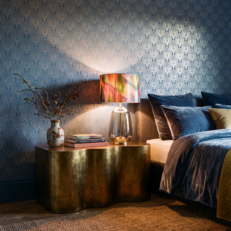 Damask Steel Blue Metallic FX 2 Wallpaper by Galerie — roomshot 1