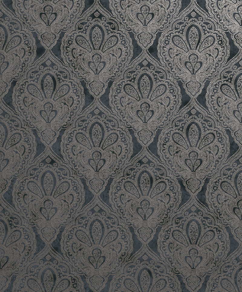 Damask Black / Silver Grey Metallic FX 2 Wallpaper by Galerie — flat