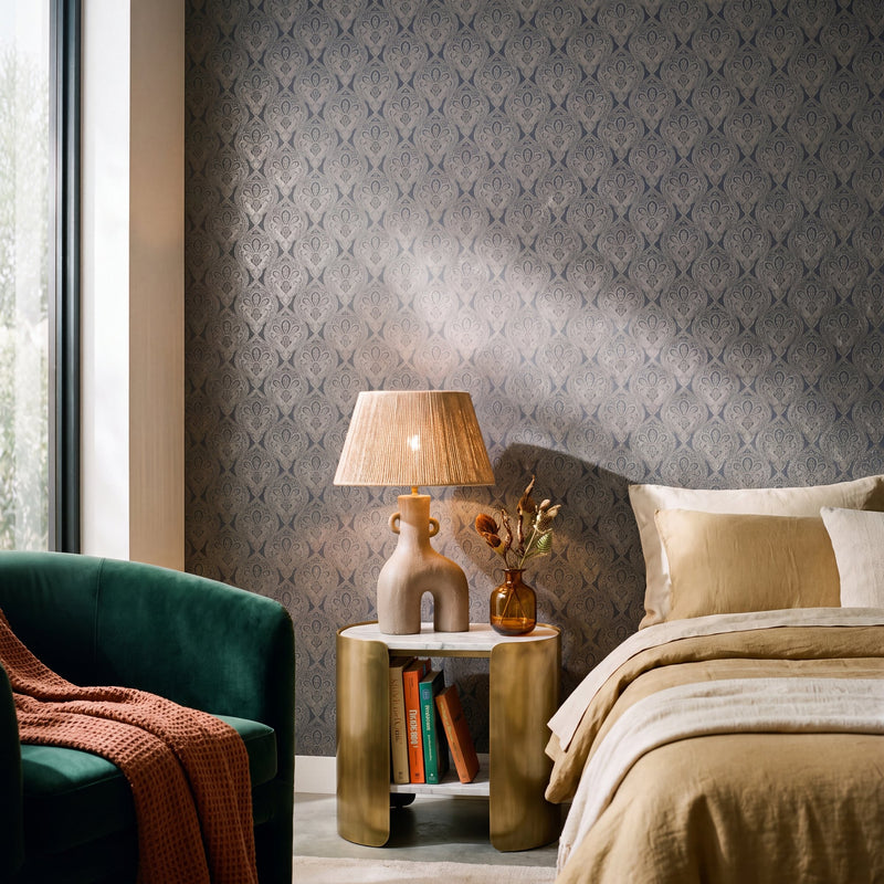 Damask Black / Silver Grey Metallic FX 2 Wallpaper by Galerie — roomshot 1