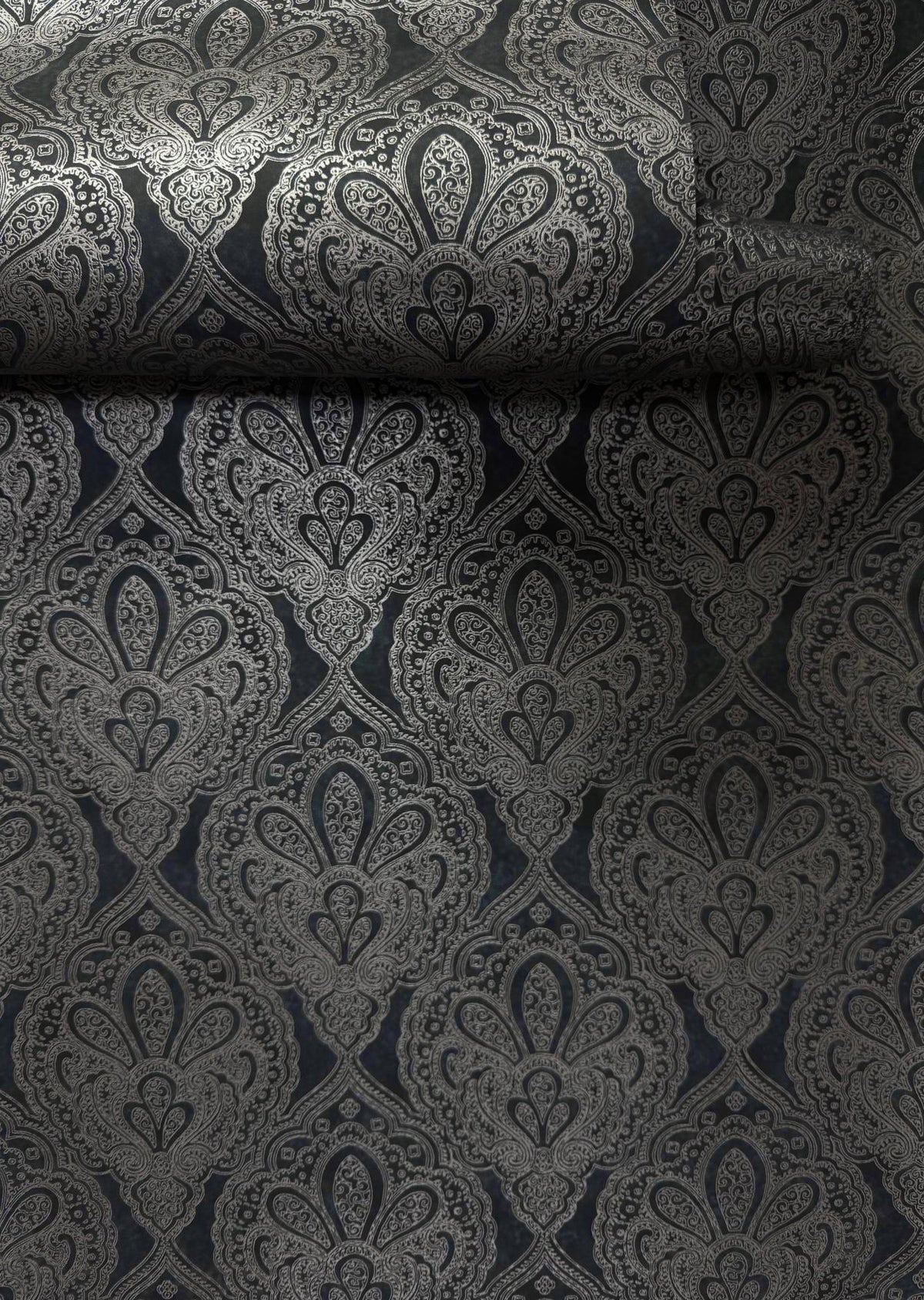 Damask Black / Silver Grey Metallic FX 2 Wallpaper by Galerie — roomshot 2