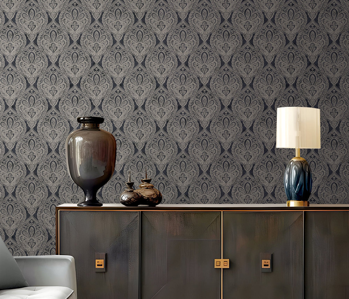 Damask Black / Silver Grey Metallic FX 2 Wallpaper by Galerie — roll shot