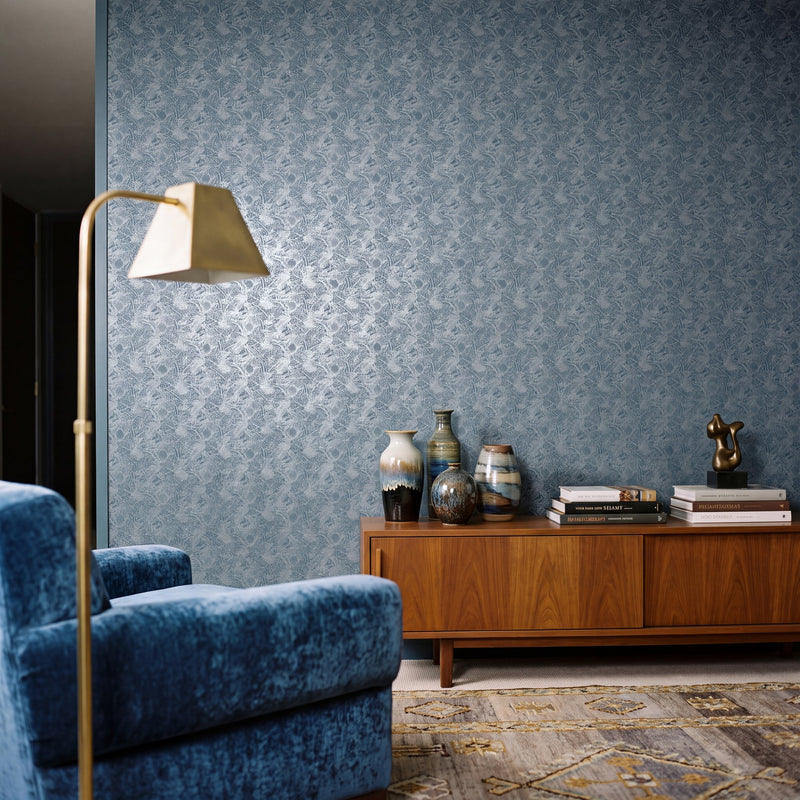 Shimmer Leaf Blue / Silver Grey Metallic FX 2 Wallpaper by Galerie — roomshot 1