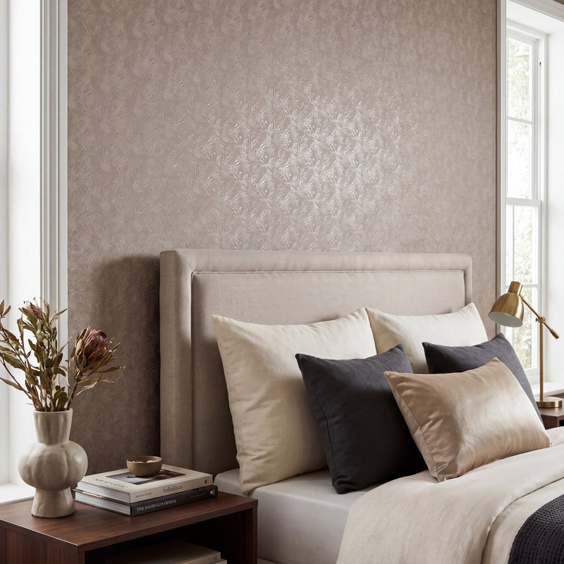 Shimmer Leaf Beige / Silver Grey Metallic FX 2 Wallpaper by Galerie — roomshot 1