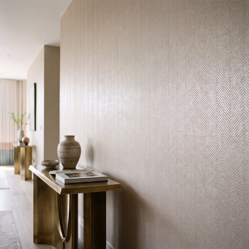 Chevron Beige / Gold Metallic FX 2 Wallpaper by Galerie — roomshot 1