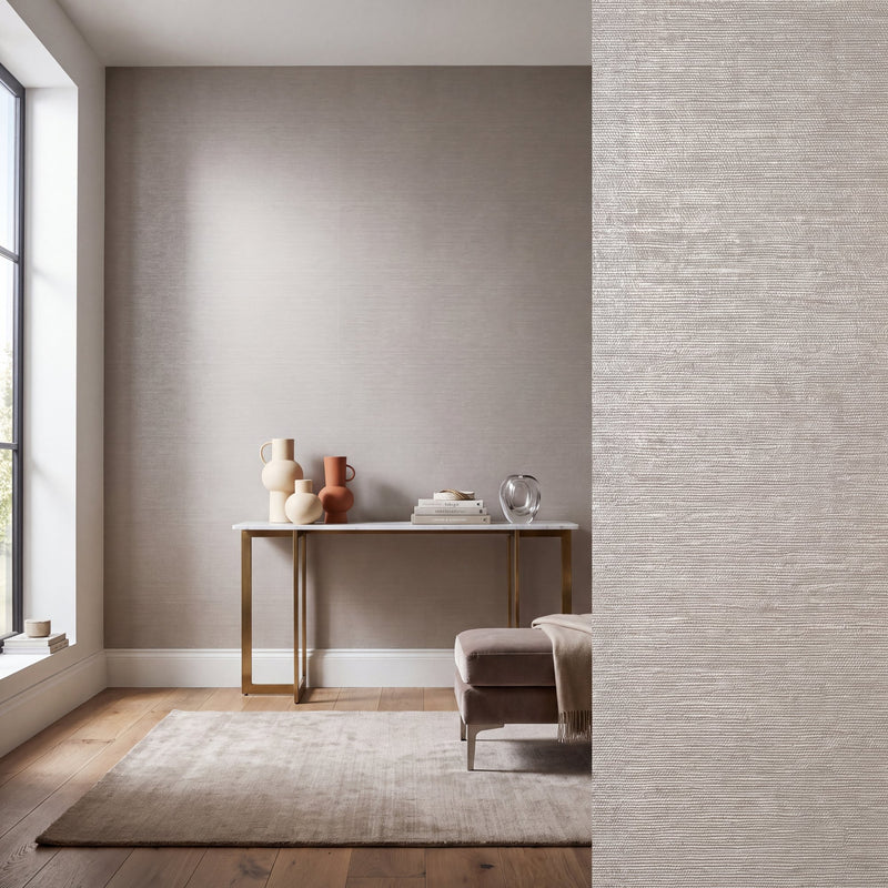 Horizontal Stripe Beige / Silver Grey Metallic FX 2 Wallpaper by Galerie — roomshot 1
