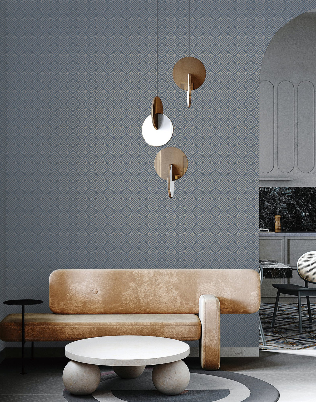 Square Geometric Blue / Gold Metallic FX 2 Wallpaper by Galerie — roll shot