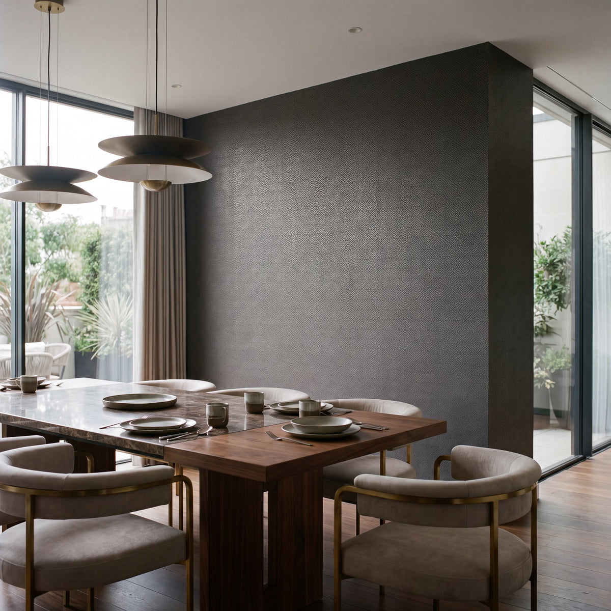 Square Geometric Blue / Bronze Brown Metallic FX 2 Wallpaper by Galerie — roomshot 1