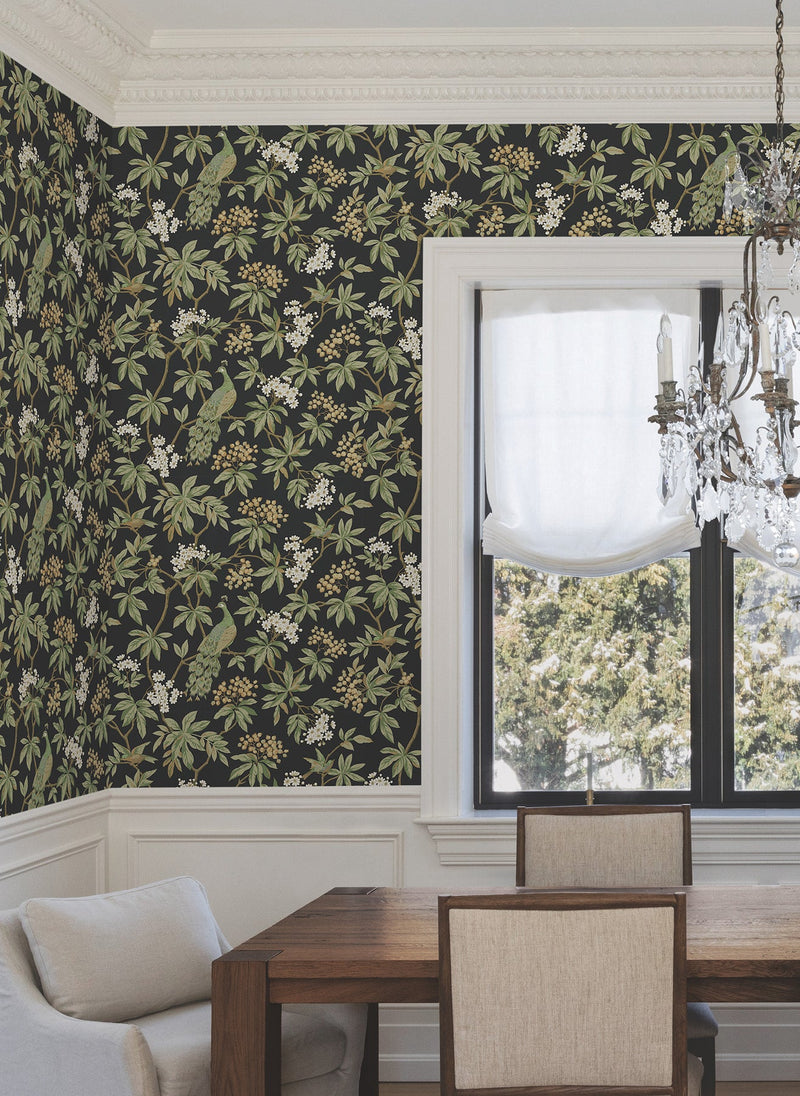 MX9662 Peacock Estate Black Astoria Wallpaper by York Wallcoverings