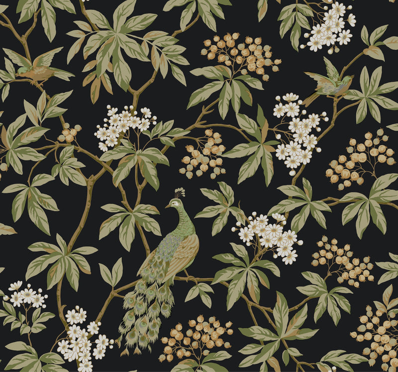 MX9662 Peacock Estate Black Astoria Wallpaper by York Wallcoverings