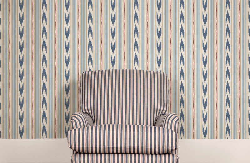 Newport Stripe Blue/Red Country Walk Wallpaper by Mulberry Home