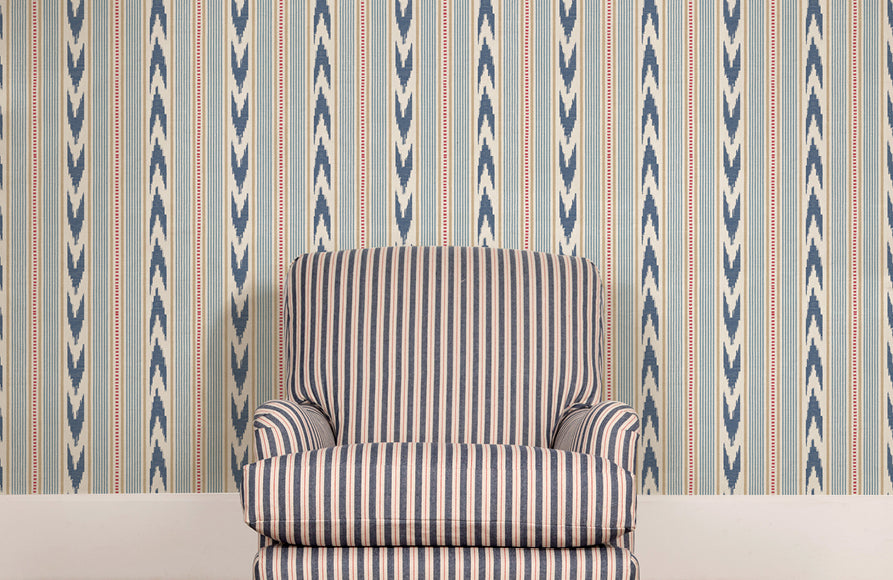 Newport Stripe Blue/Red Country Walk Wallpaper by Mulberry Home