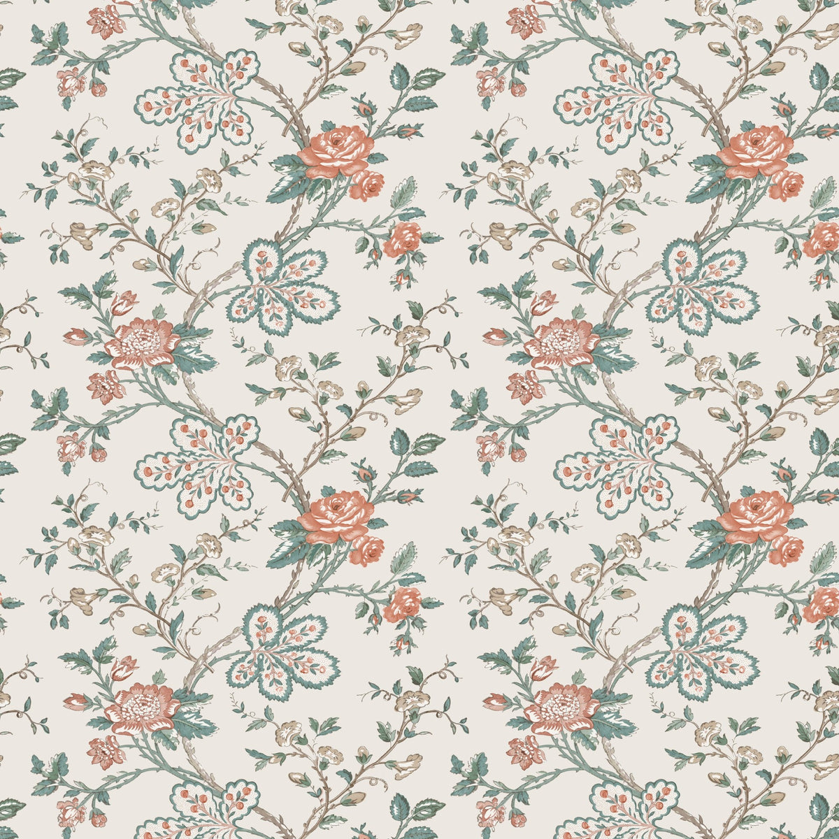 NCW4634-02 Genevieve Teal / Coral / Ivory Dauphine Wallpaper by Nina Campbell - flat