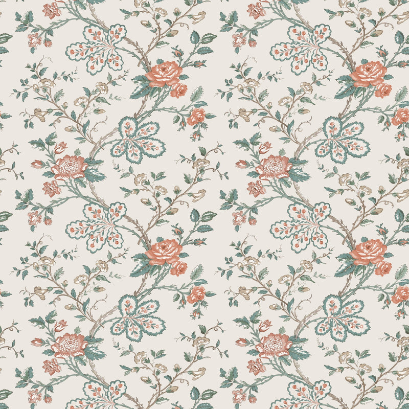 NCW4634-02 Genevieve Teal / Coral / Ivory Dauphine Wallpaper by Nina Campbell - flat