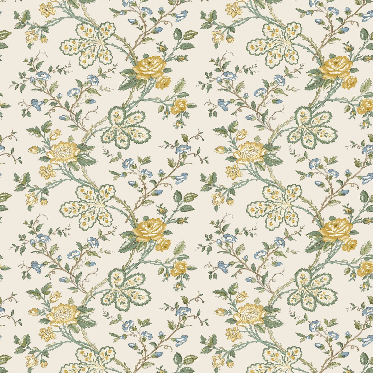 NCW4634-03 Genevieve Yellow / Sage / Ivory Dauphine Wallpaper by Nina Campbell - flat