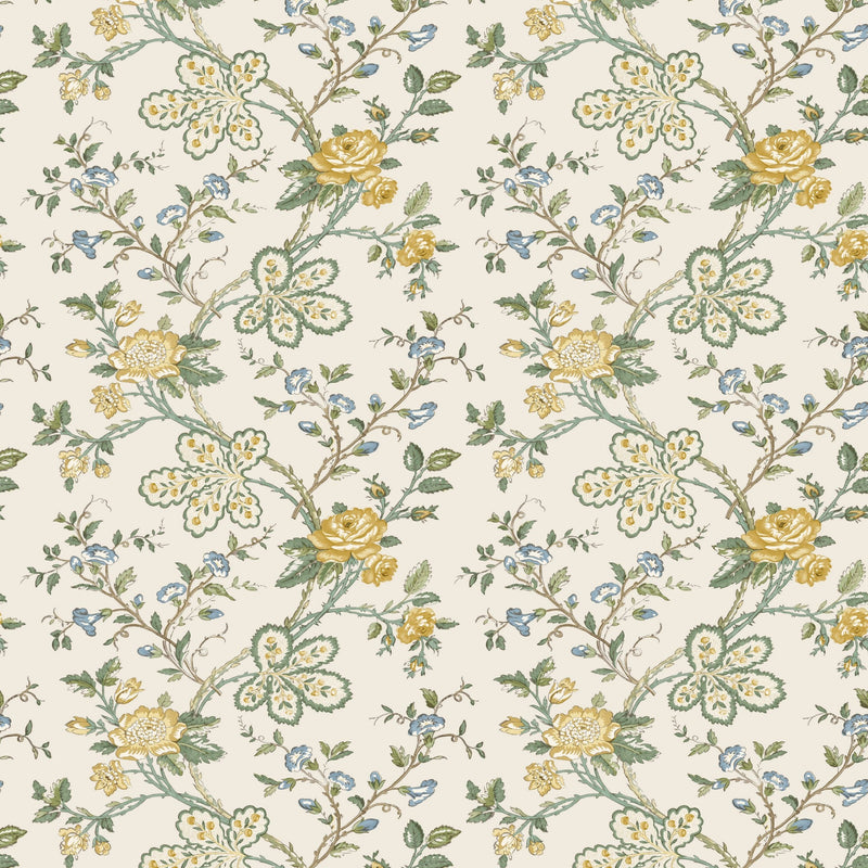 NCW4634-03 Genevieve Yellow / Sage / Ivory Dauphine Wallpaper by Nina Campbell - flat