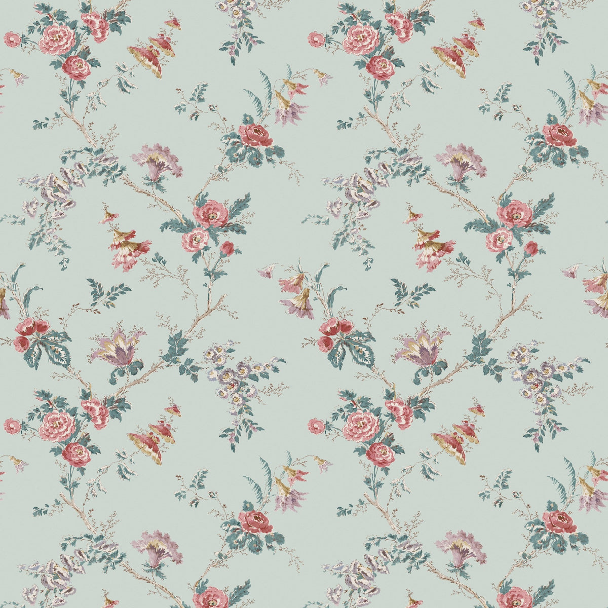 NCW4637-01 Boscobel Duck Egg / Teal / Pink Dauphine Wallpaper by Nina Campbell - flat