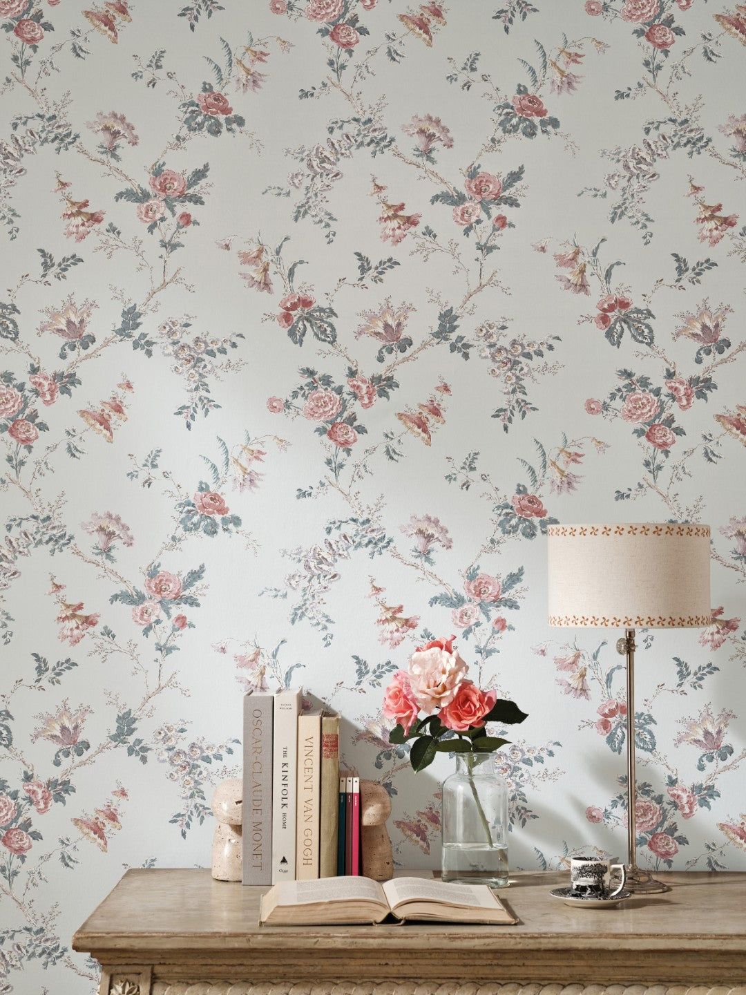 NCW4637-01 Boscobel Duck Egg / Teal / Pink Dauphine Wallpaper by Nina Campbell - room