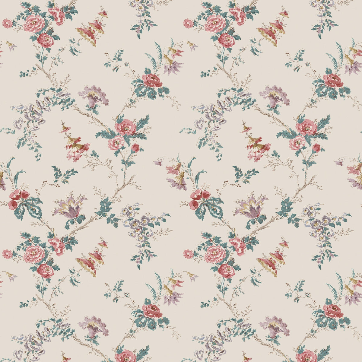 NCW4637-03 Boscobel Pink / Teal Dauphine Wallpaper by Nina Campbell - flat