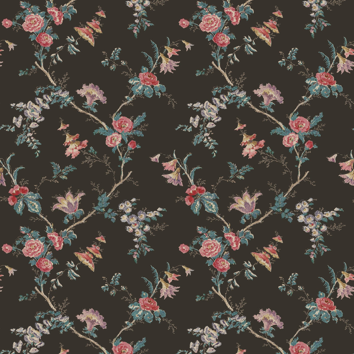 NCW4637-04 Boscobel Chocolate / Rose Dauphine Wallpaper by Nina Campbell - flat