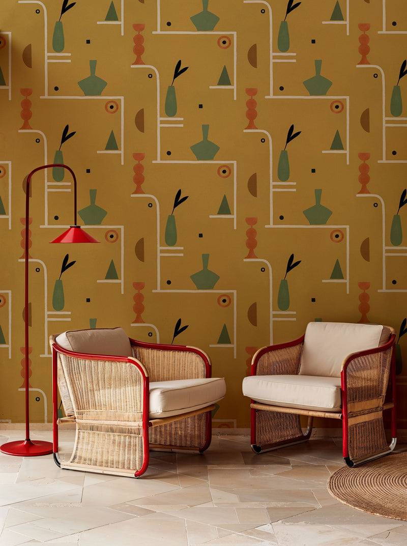 Archaeological Forms Ocher New Primitivism Wallpaper by Tres Tintas