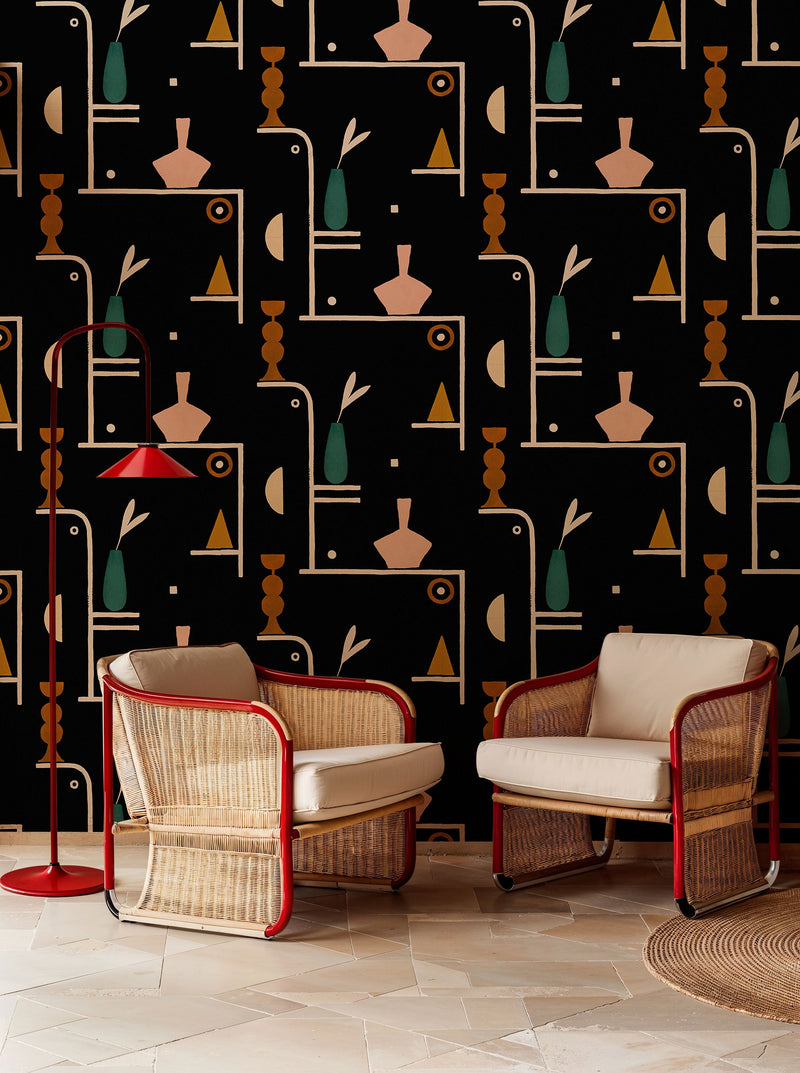 Archaeological Forms Black New Primitivism Wallpaper by Tres Tintas