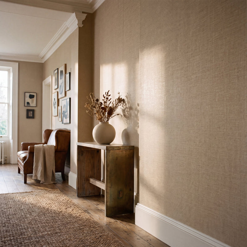 Woven Texture Taupe New Touch Wallpaper by Galerie — roomshot 1