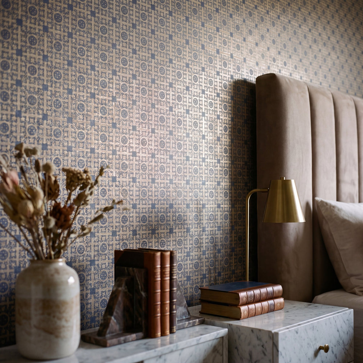 Worn Tile Blue / Silver Grey New Touch Wallpaper by Galerie — roomshot 2