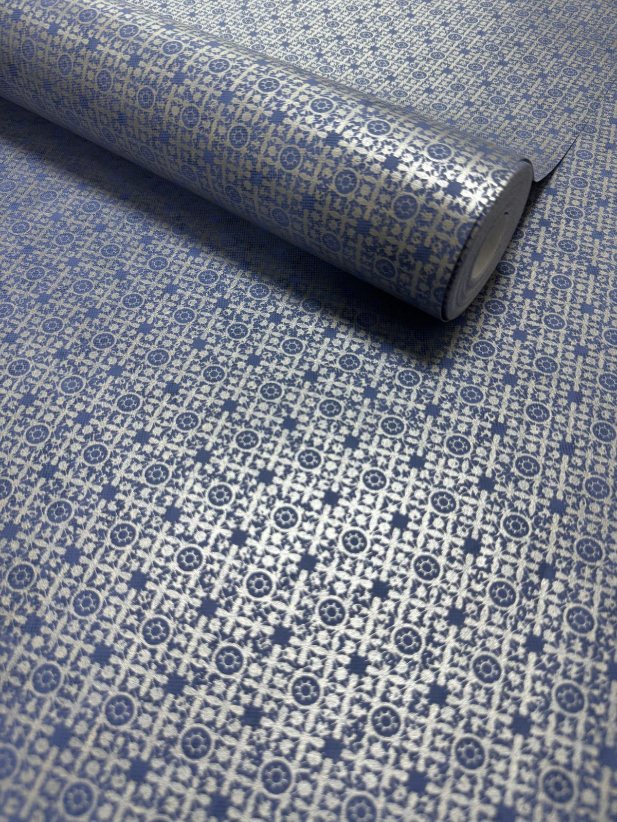 Worn Tile Blue / Silver Grey New Touch Wallpaper by Galerie — roll shot