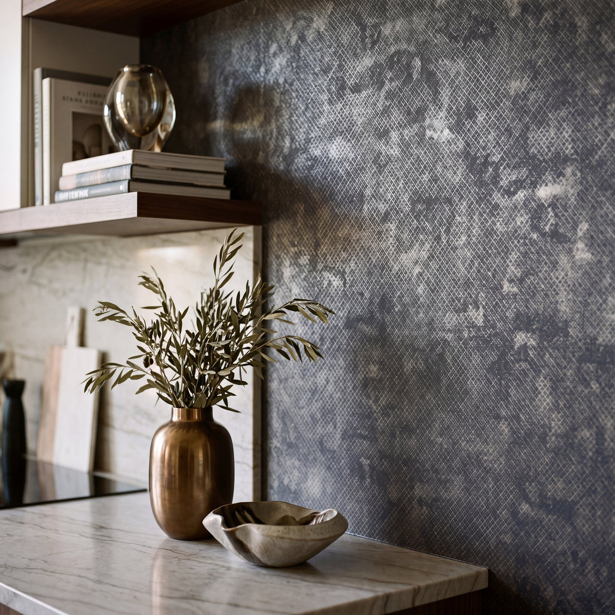 Crosshatch Black / Silver Grey New Touch Wallpaper by Galerie — roomshot 1