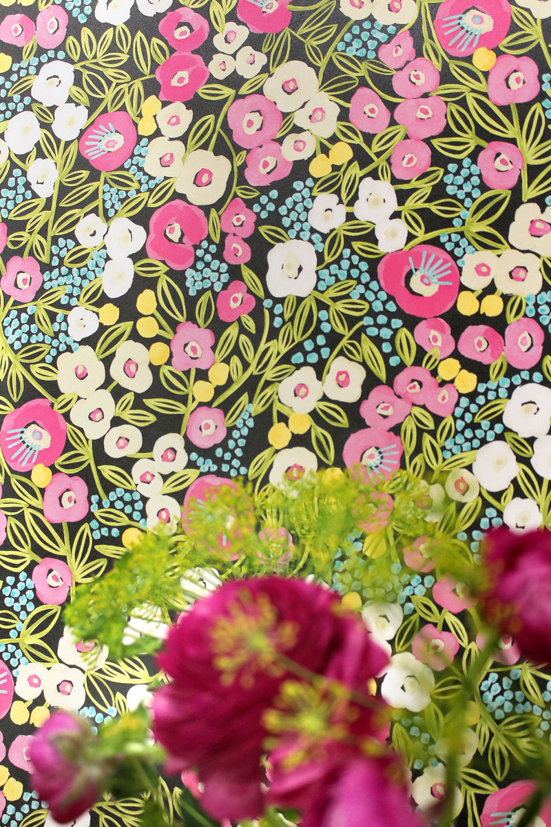 GHS50113W Flora Ditsy Fuchsia & Jet Wallpaper by Ohpopsi