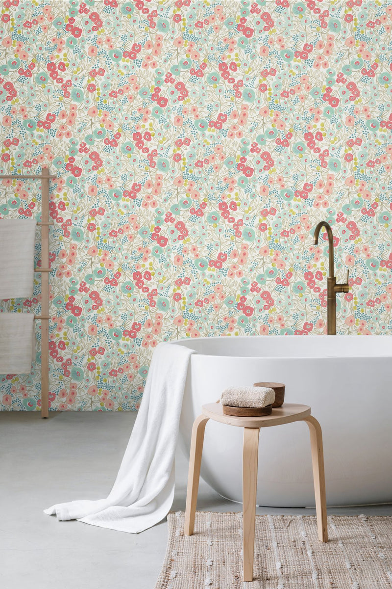 GHS50118W Flora Coral & Sky Wallpaper by Ohpopsi