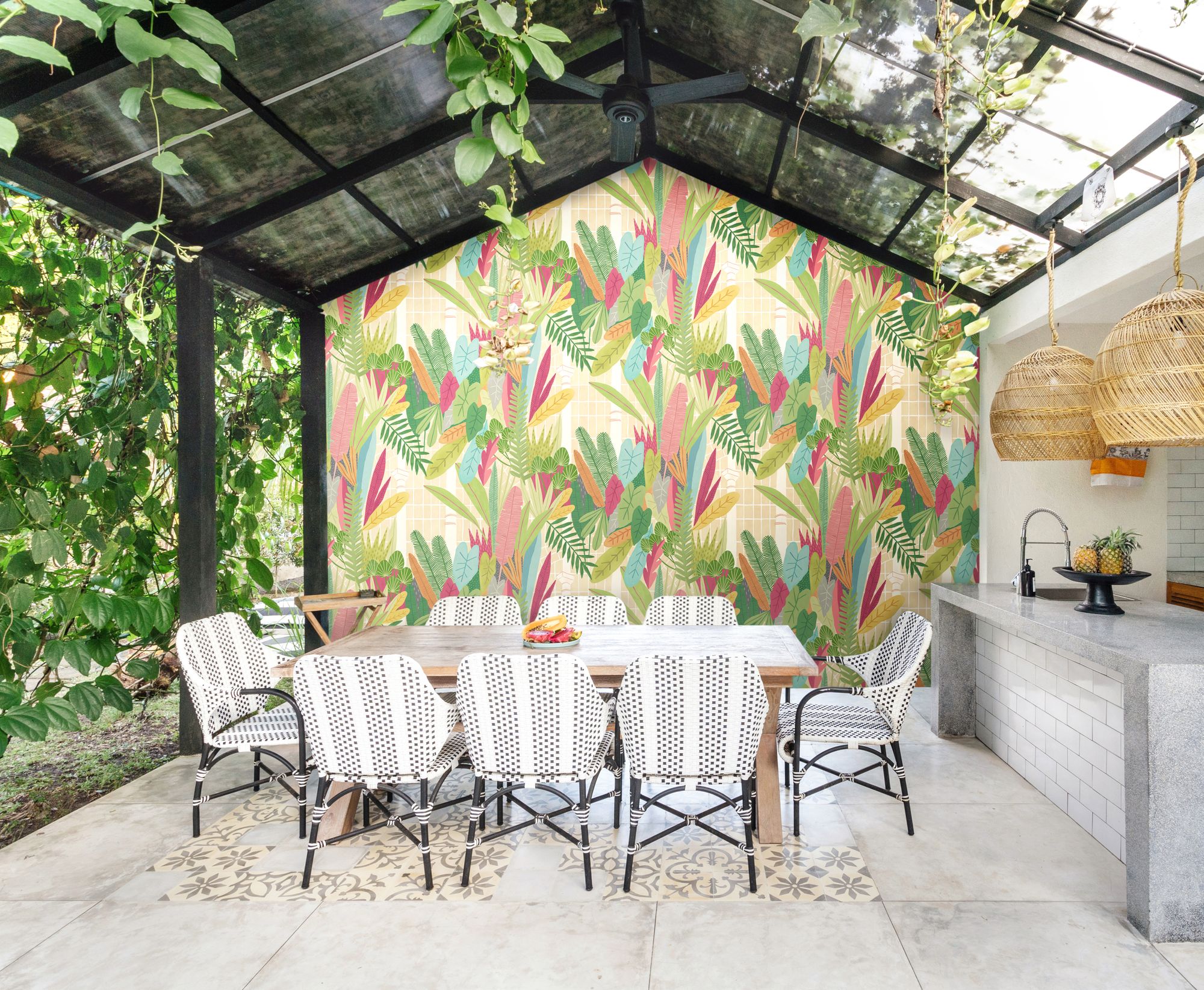 GHS50153W Glasshouse Emerald & Coral Wallpaper by Ohpopsi
