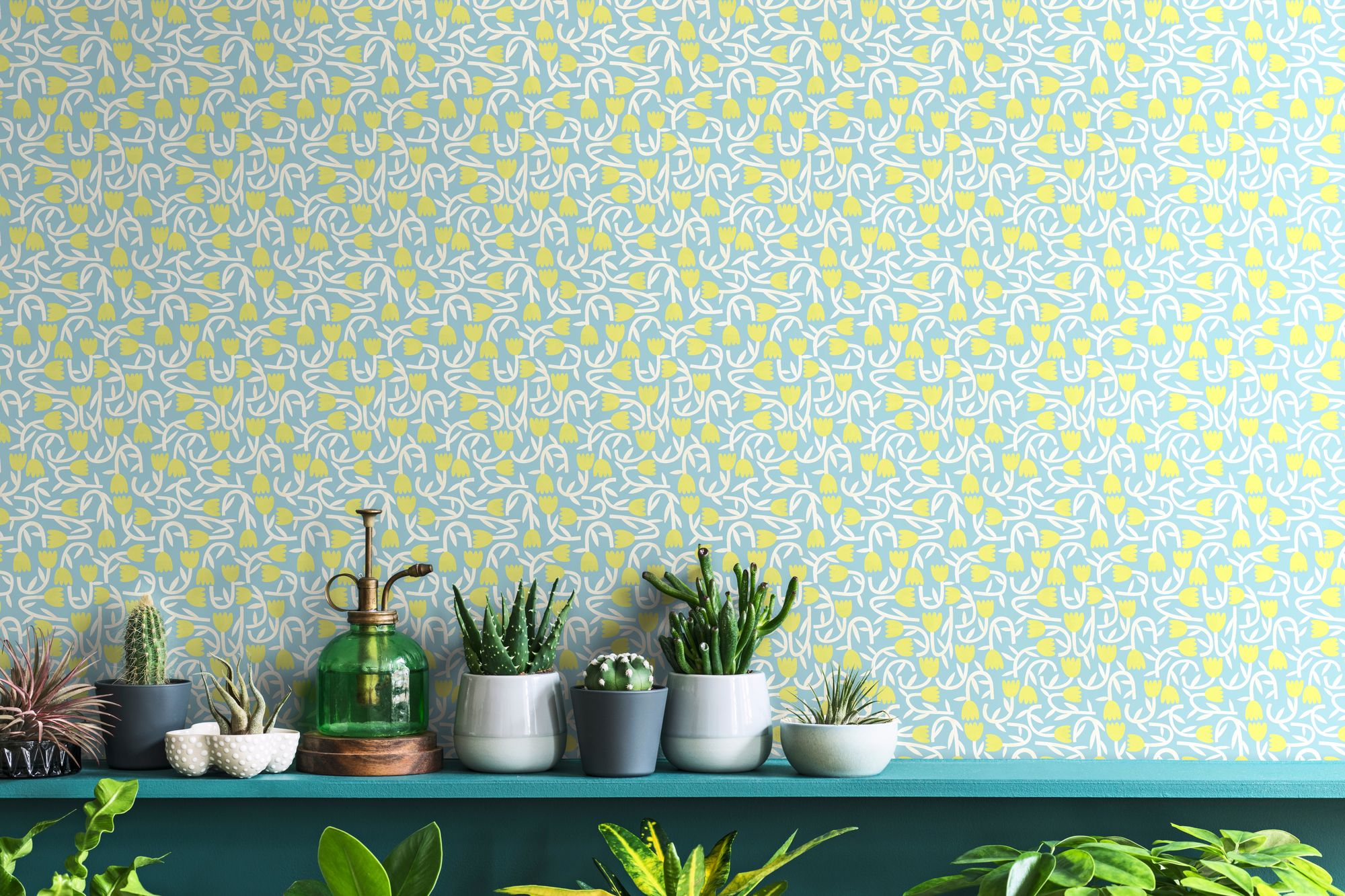 GHS50135W Tiny Tulip Lime & Sky Wallpaper by Ohpopsi