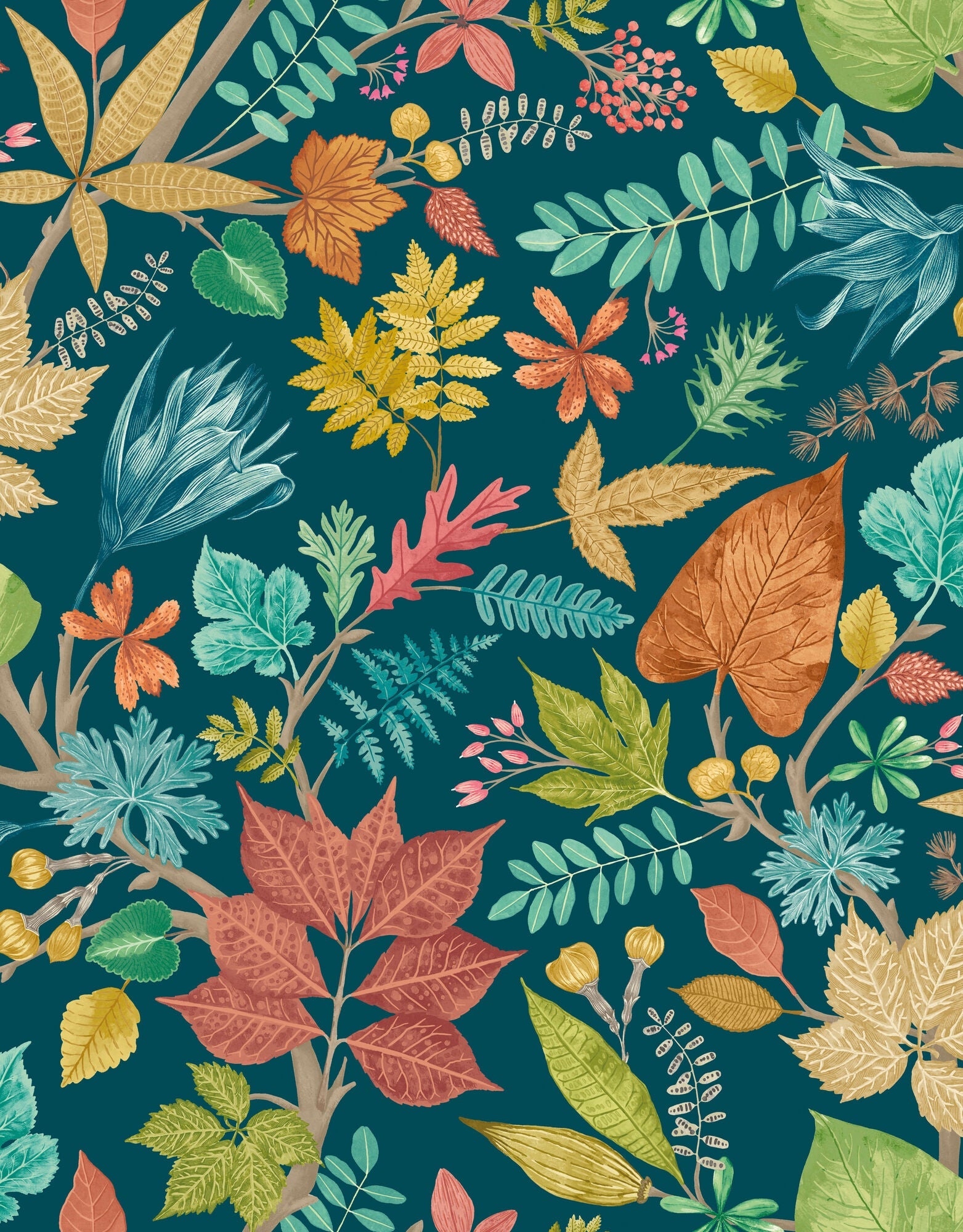 RON50120W Lush Leaves Teal & Corn Wallpaper by Ohpopsi