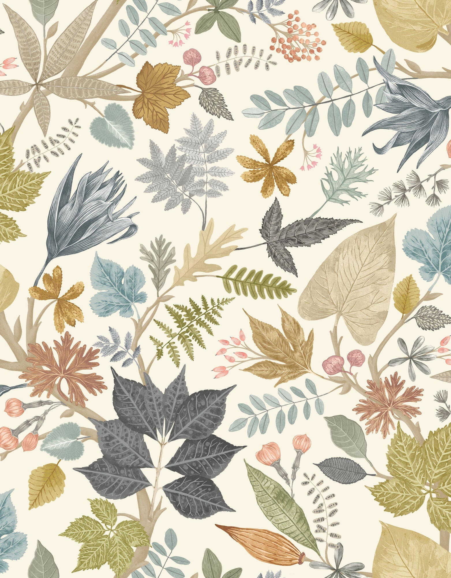 RON50122W Lush Leaves Linen & Fossil Wallpaper by Ohpopsi