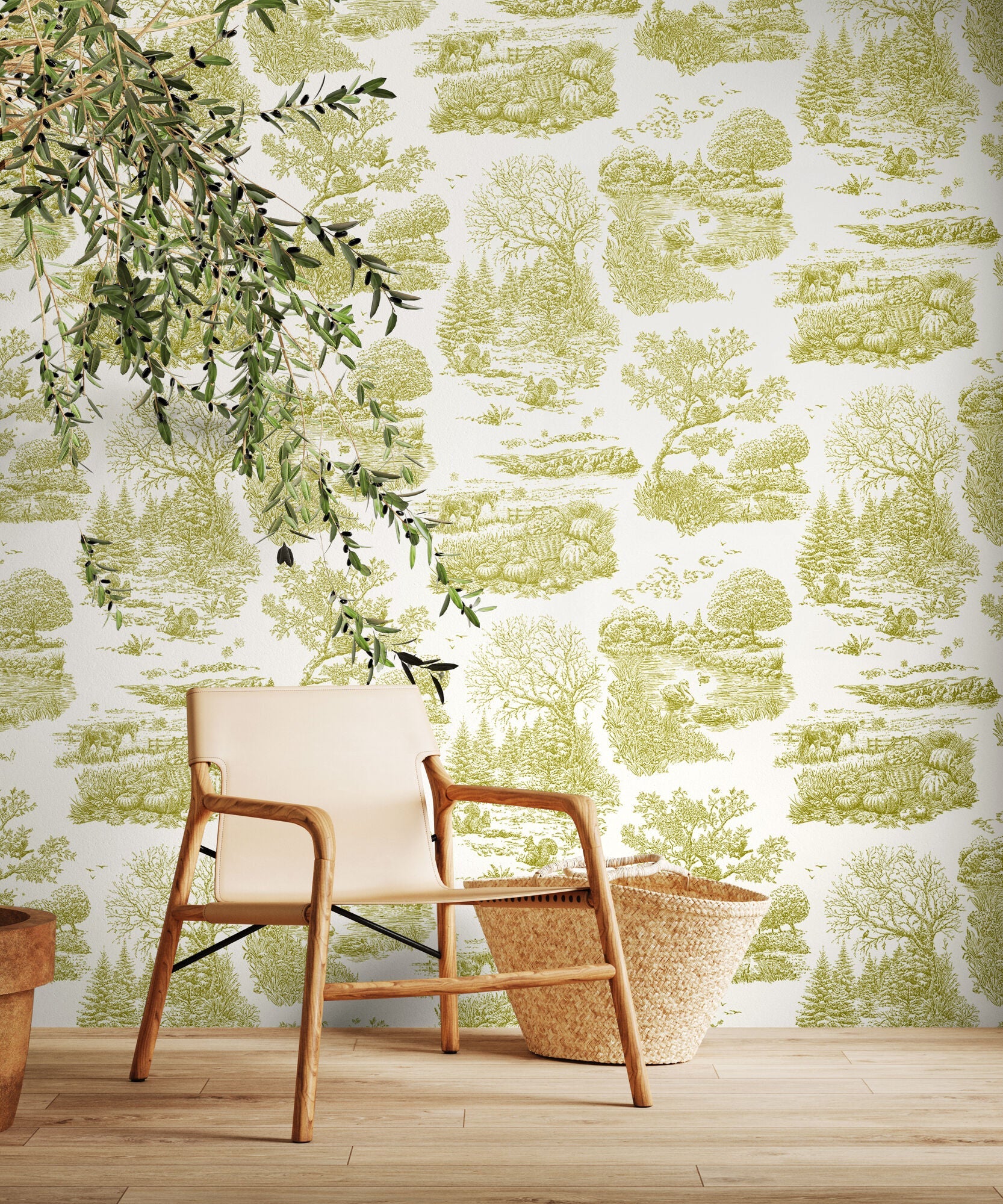 RON50123W Eve Toile Olive Wallpaper by Ohpopsi