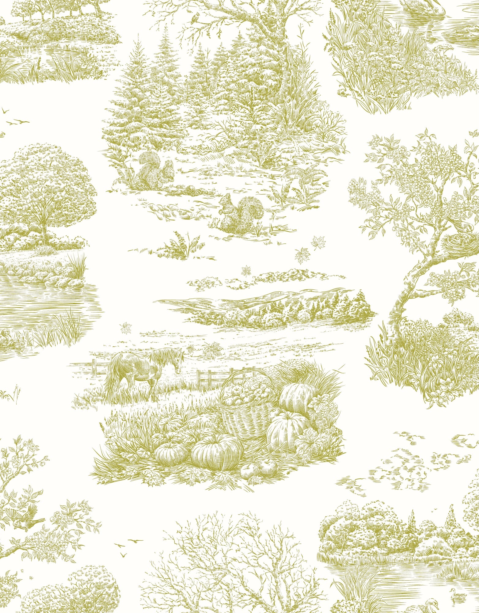 Eve Toile Olive Riches of Nature Wallpaper by Ohpopsi