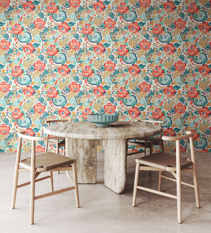 RON50129W Emily Rose Petrol & Coral Wallpaper by Ohpopsi