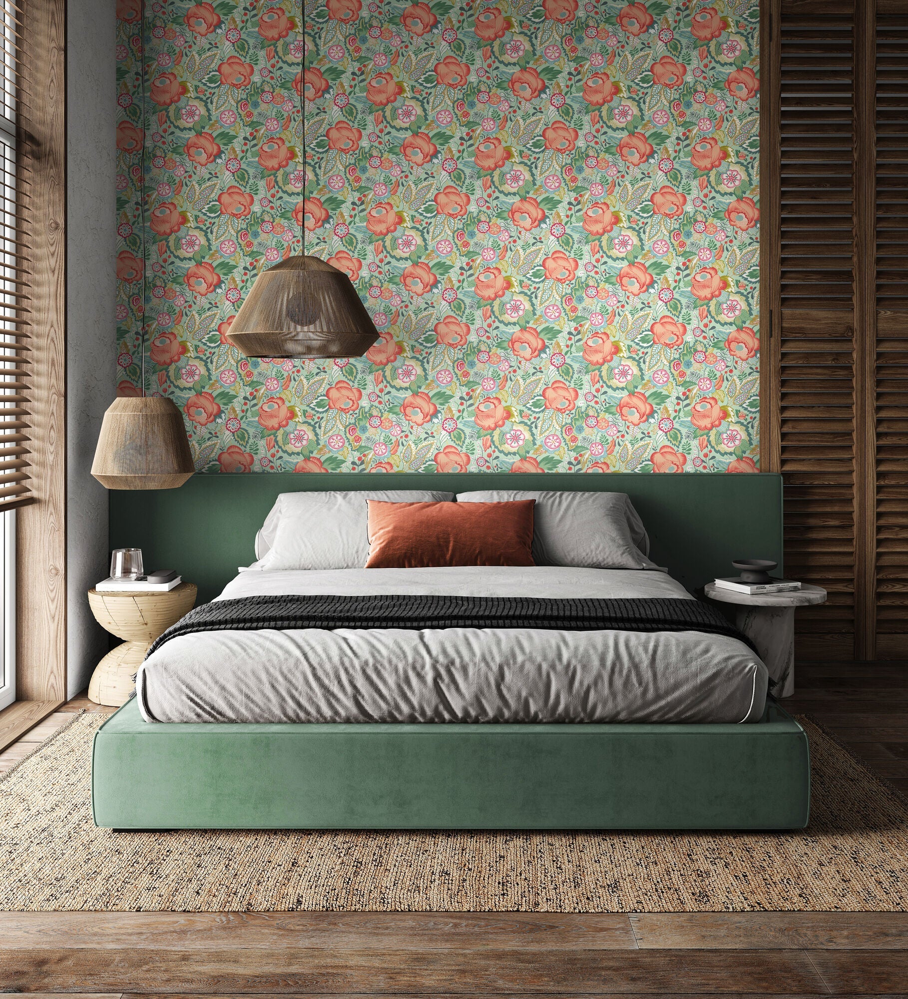RON50130W Emily Rose Mint & Peach Wallpaper by Ohpopsi