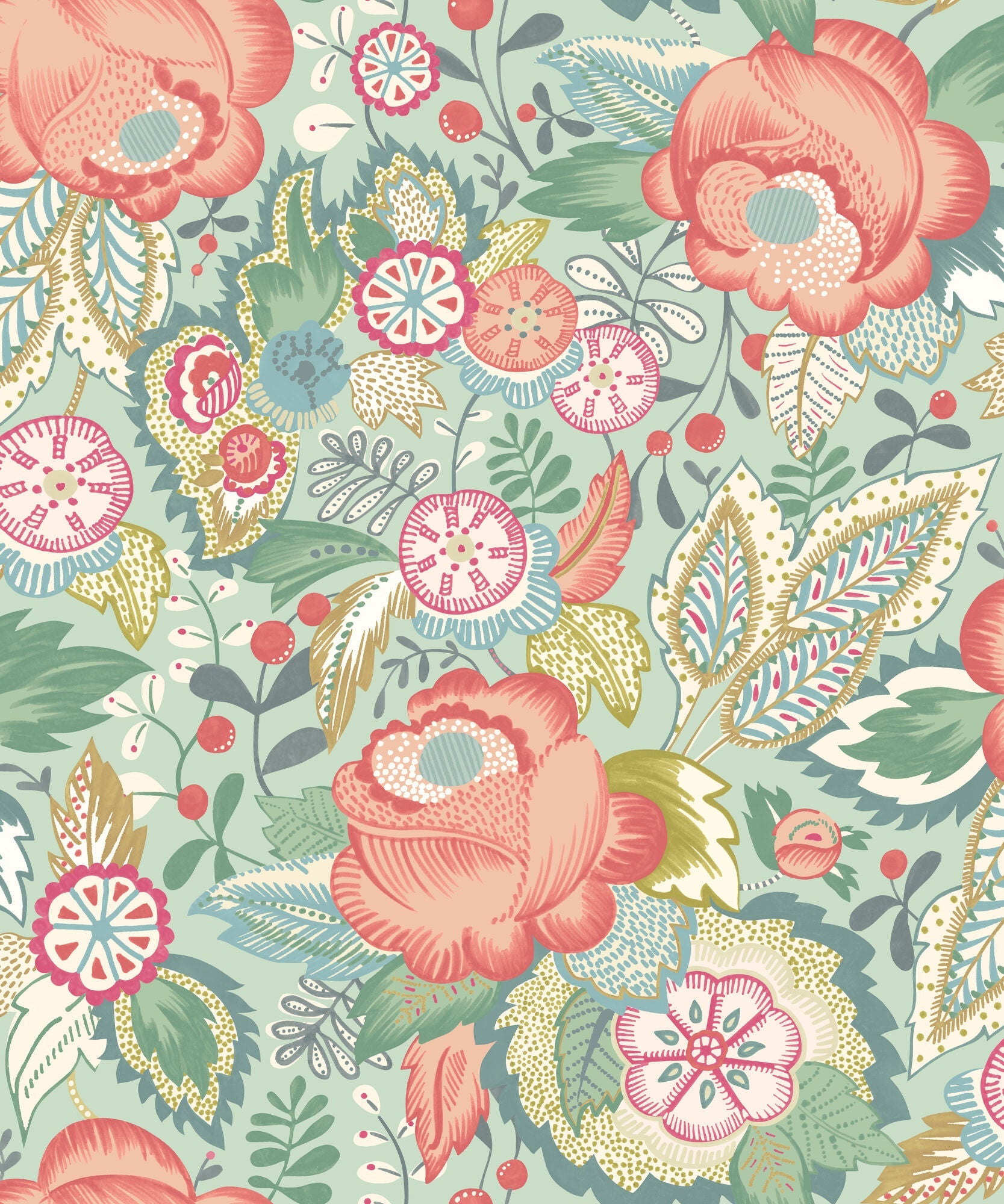 RON50130W Emily Rose Mint & Peach Wallpaper by Ohpopsi