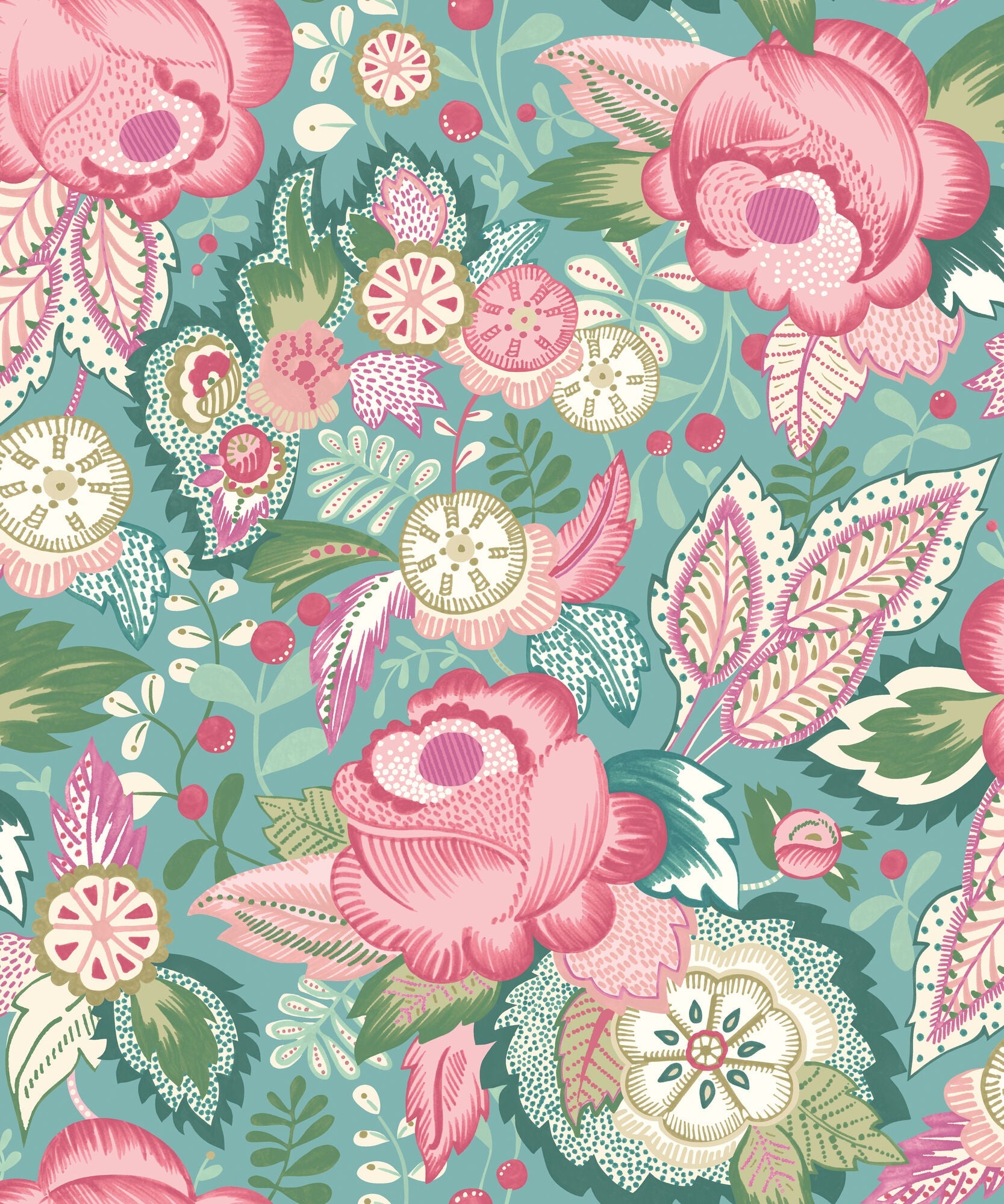 RON50133W Emily Rose Rose & Seafoam Wallpaper by Ohpopsi